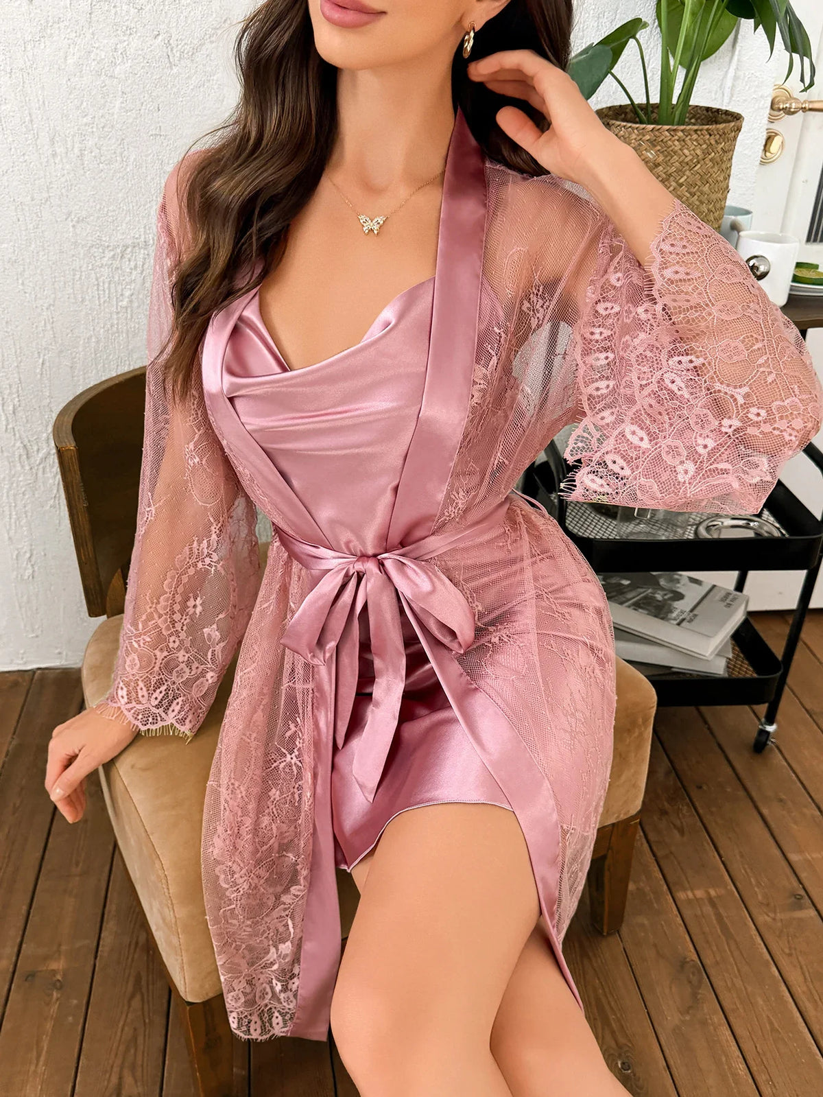 Hot-selling solid-color polyester nightgown lace see-through robe for women 2pcs set