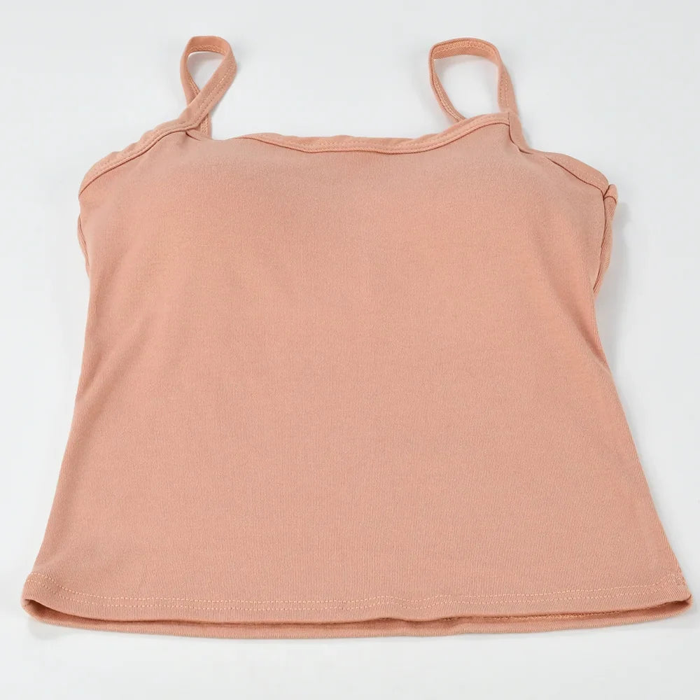 Sexy Summer Sleeveless T-Shirt  Spaghetti Strap Cropped Tank Top with Built-in Bra Fashion Solid Color Sporty Camisole