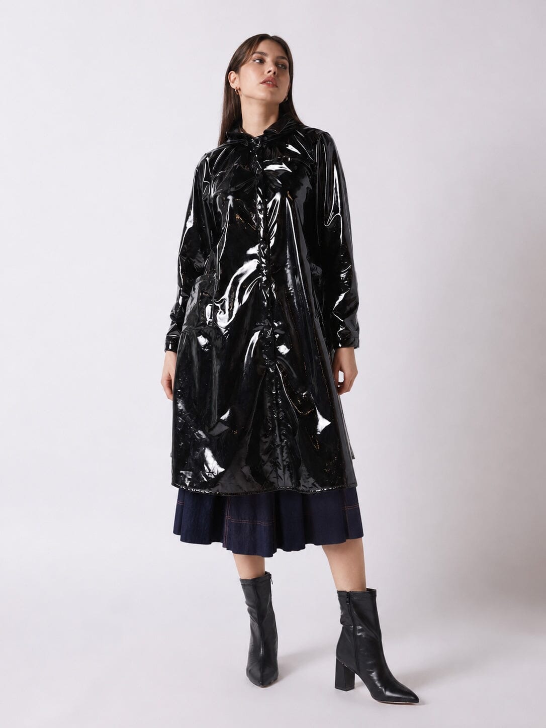 Gracia Fashion Women's A-Line Button-Down Vinyl Jacket with Hood