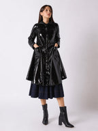 Gracia Fashion Women's A-Line Button-Down Vinyl Jacket with Hood