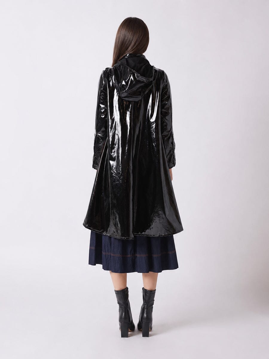 Gracia Fashion Women's A-Line Button-Down Vinyl Jacket with Hood
