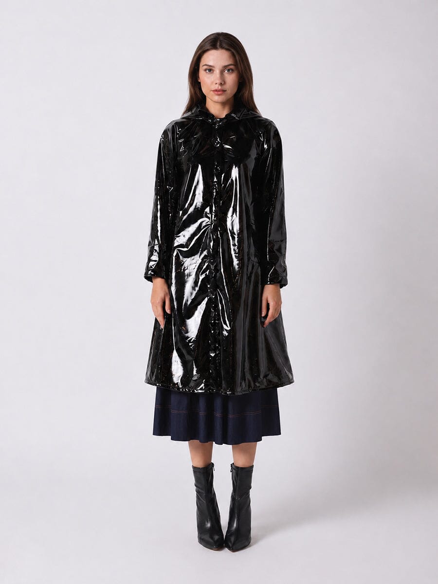 Gracia Fashion Women's A-Line Button-Down Vinyl Jacket with Hood