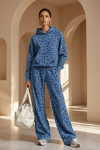 Women's Washed Leopard Print Oversized Hoodie & Wide-Leg Pants Set