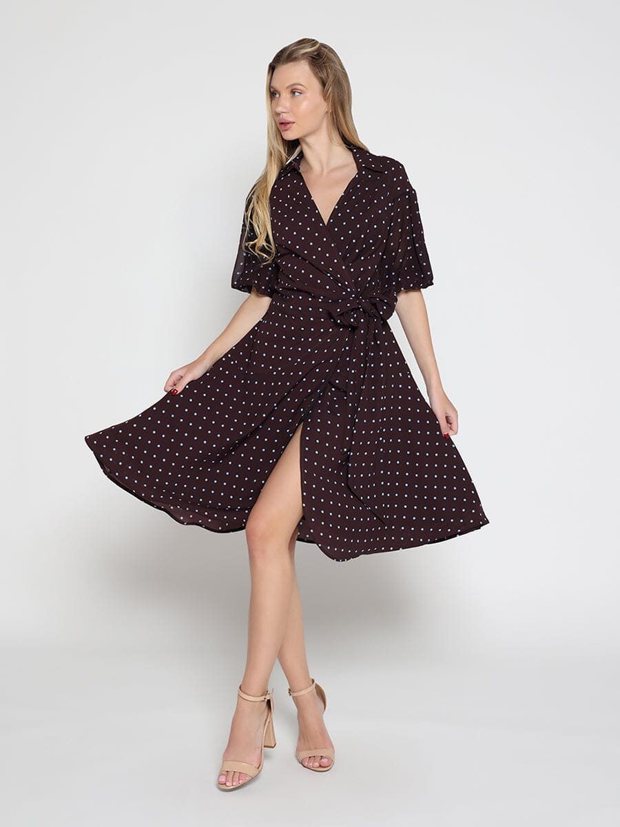 Gracia Fashion Women's Brown polka dot wrap dress