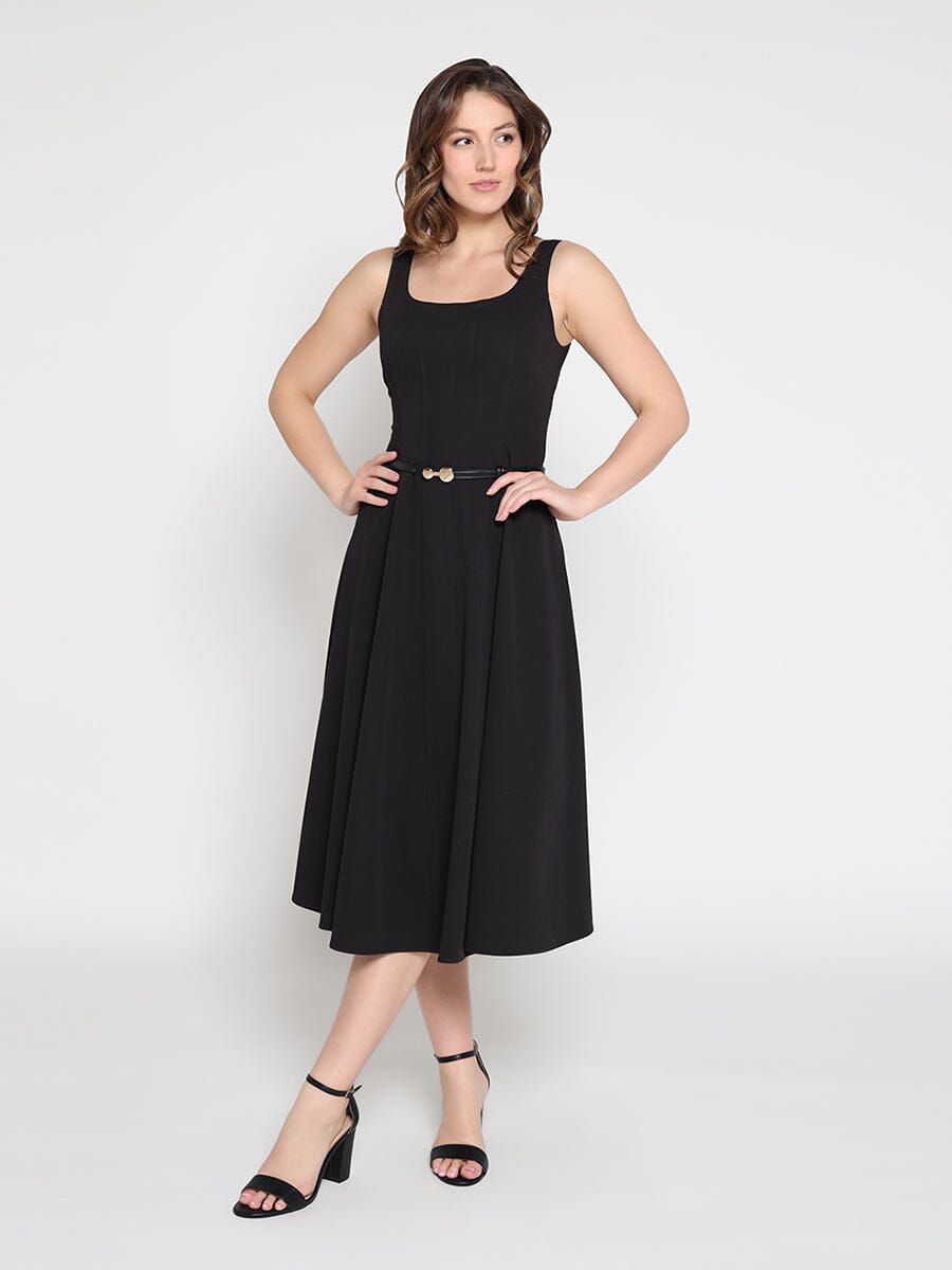 Gracia Fashion Women's Buckle Belted Square Neck  A-Line Sleeveless Dress