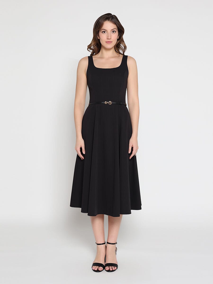 Gracia Fashion Women's Buckle Belted Square Neck  A-Line Sleeveless Dress