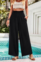 Devine Smocked Wide Leg Pants with Pockets for Women