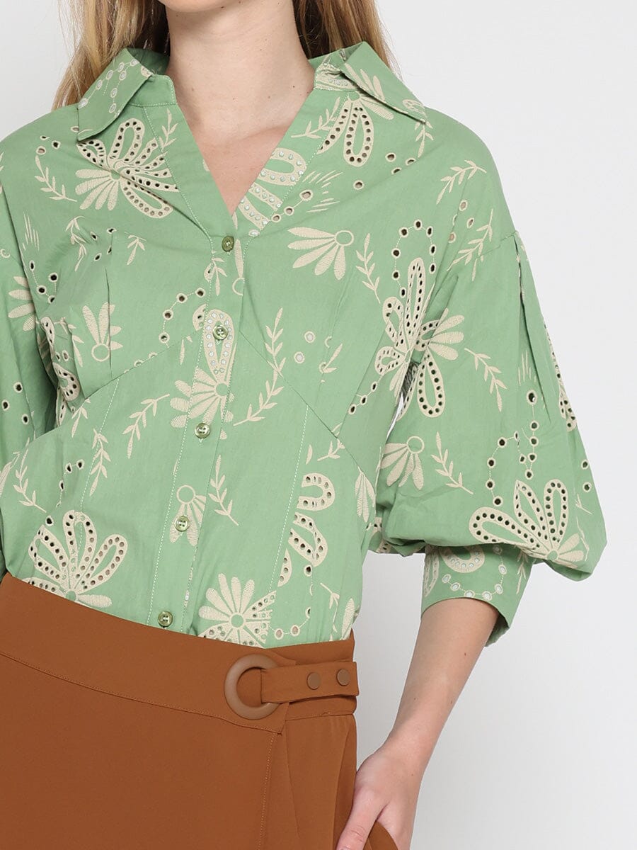 Gracia Fashion Women's Collared Puff Sleeve Patterned Shirt