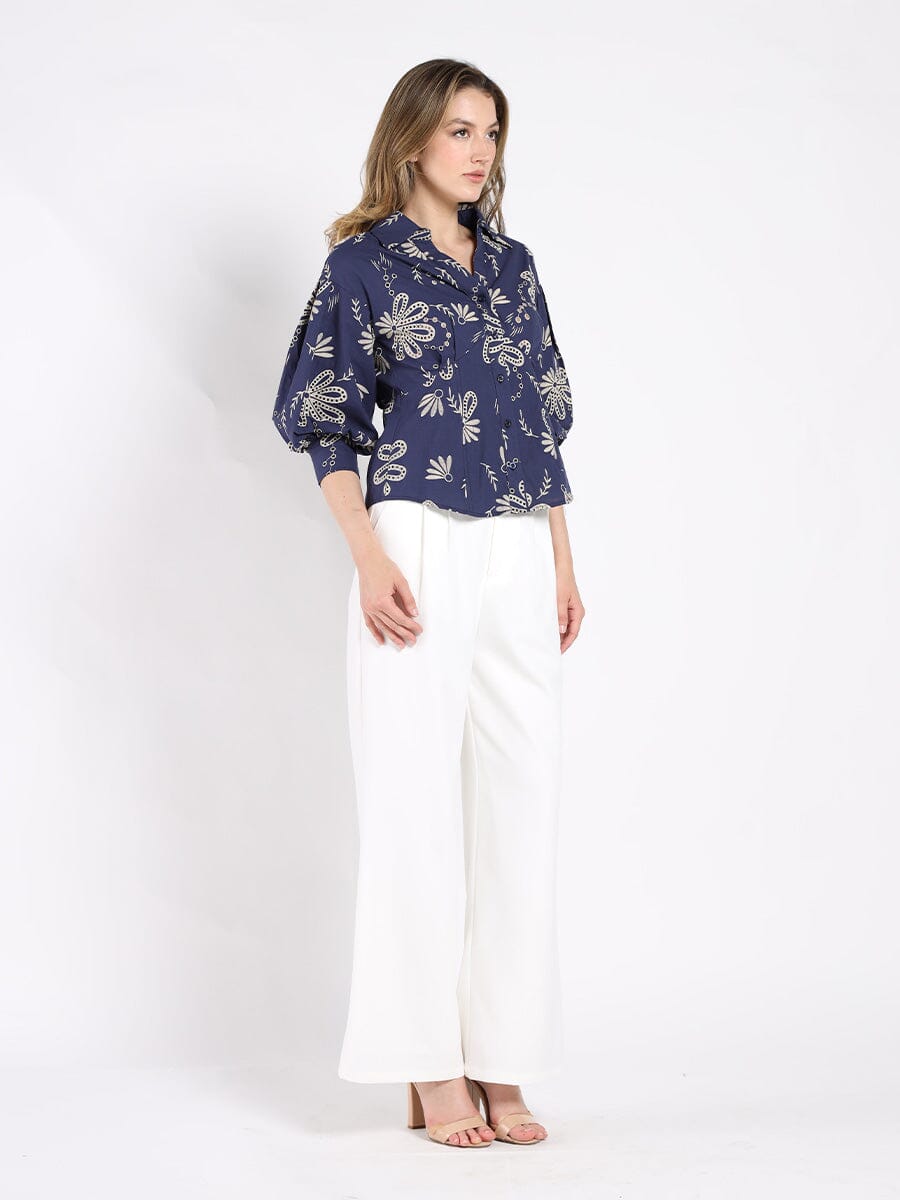 Gracia Fashion Women's Collared Puff Sleeve Patterned Shirt