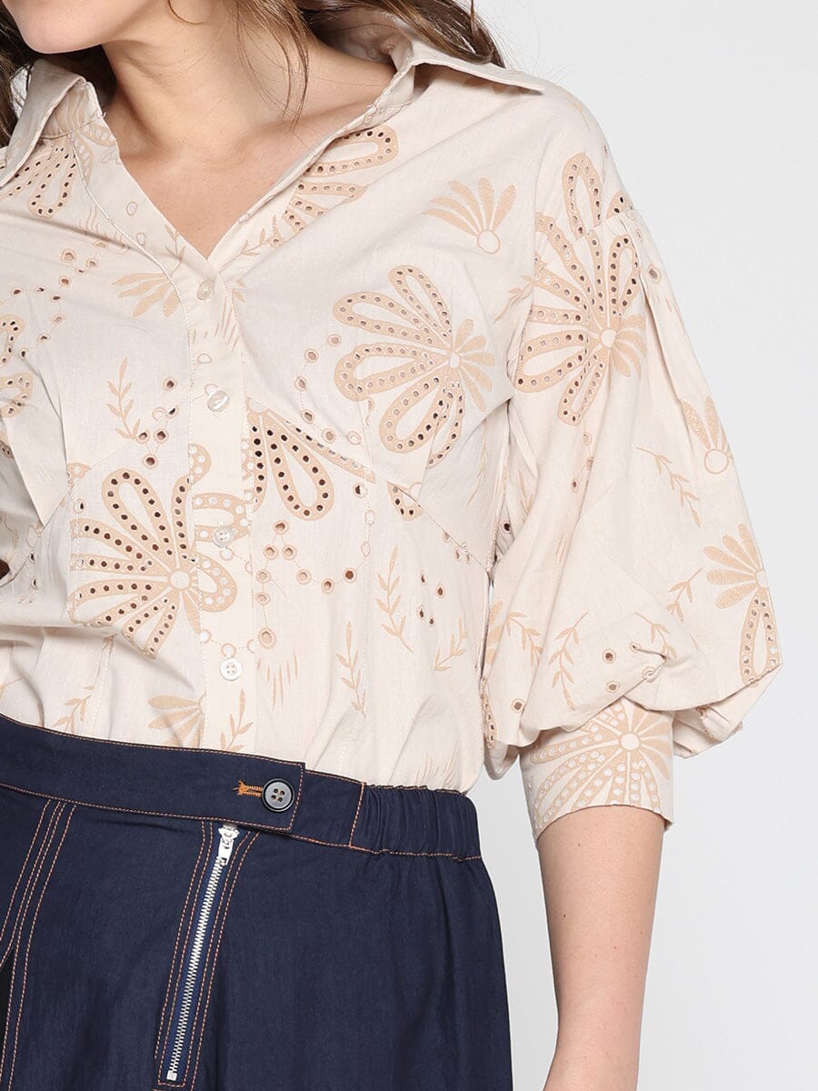 Gracia Fashion Women's Collared Puff Sleeve Patterned Shirt