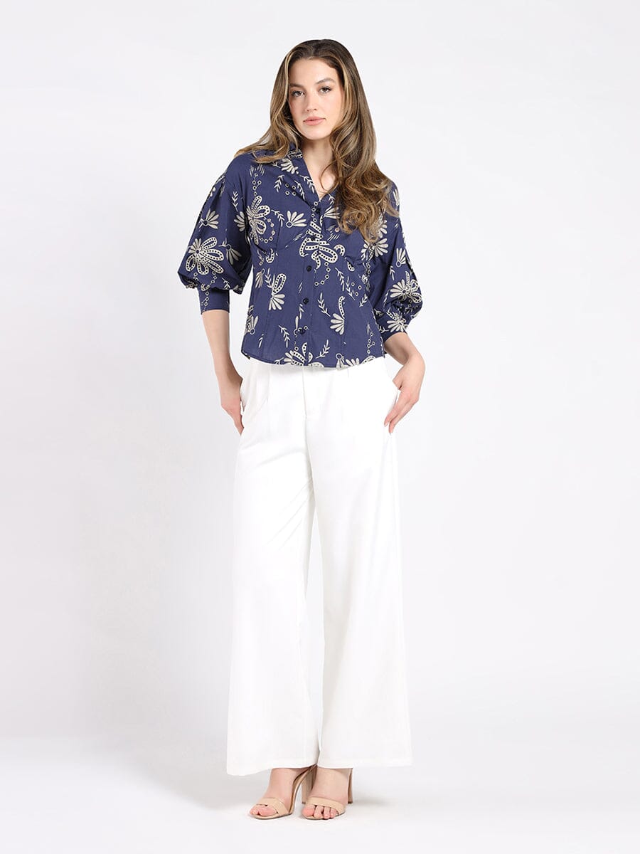 Gracia Fashion Women's Collared Puff Sleeve Patterned Shirt