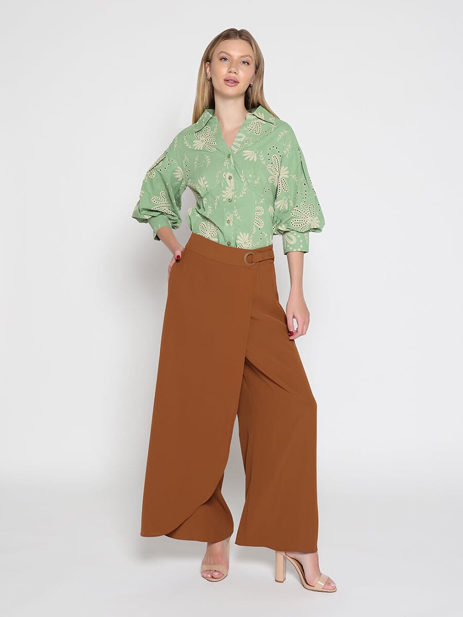 Gracia Fashion Women's Collared Puff Sleeve Patterned Shirt
