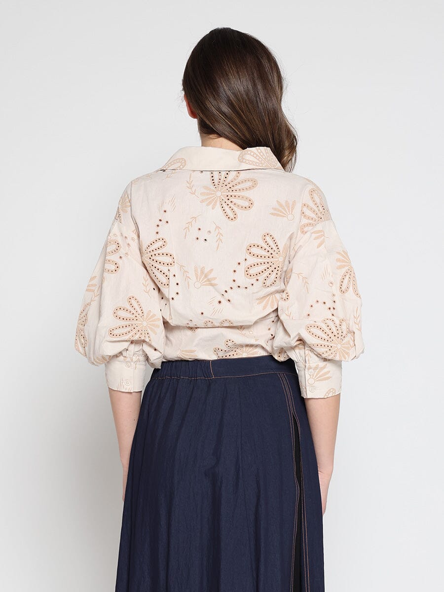 Gracia Fashion Women's Collared Puff Sleeve Patterned Shirt