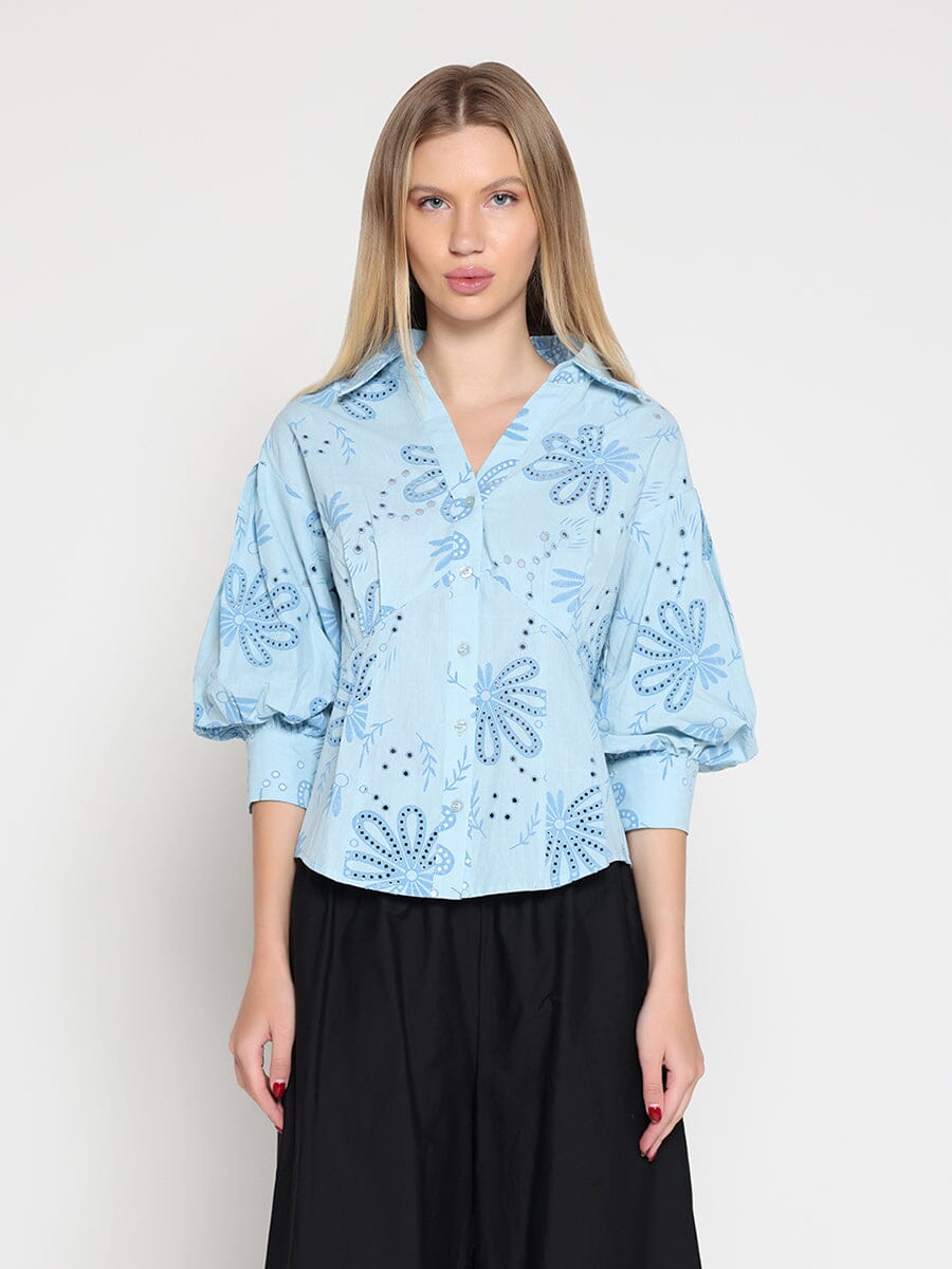 Gracia Fashion Women's Collared Puff Sleeve Patterned Shirt