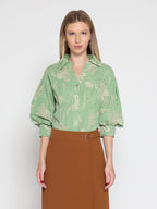 Gracia Fashion Women's Collared Puff Sleeve Patterned Shirt