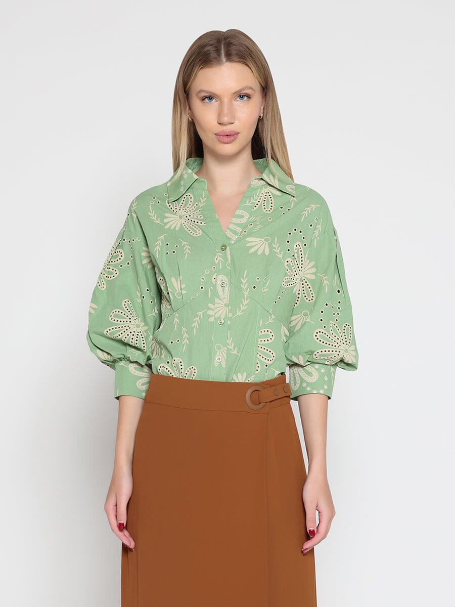 Gracia Fashion Women's Collared Puff Sleeve Patterned Shirt