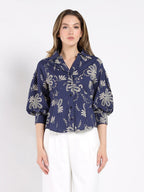 Gracia Fashion Women's Collared Puff Sleeve Patterned Shirt