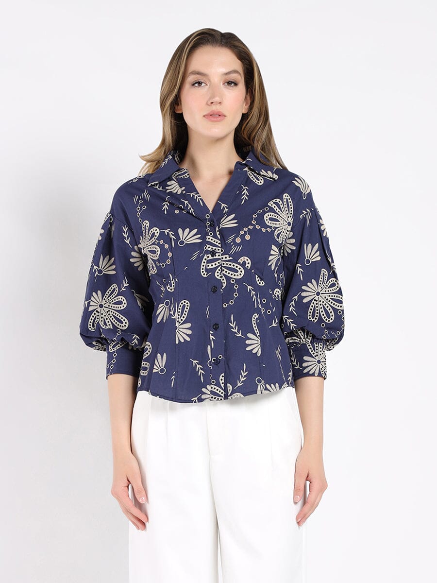 Gracia Fashion Women's Collared Puff Sleeve Patterned Shirt
