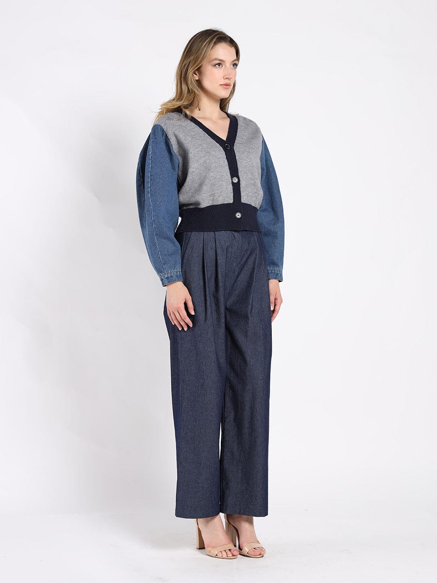 Gracia Fashion Women's Contrast Cropped Denim Sleeve Button Up Cardigan