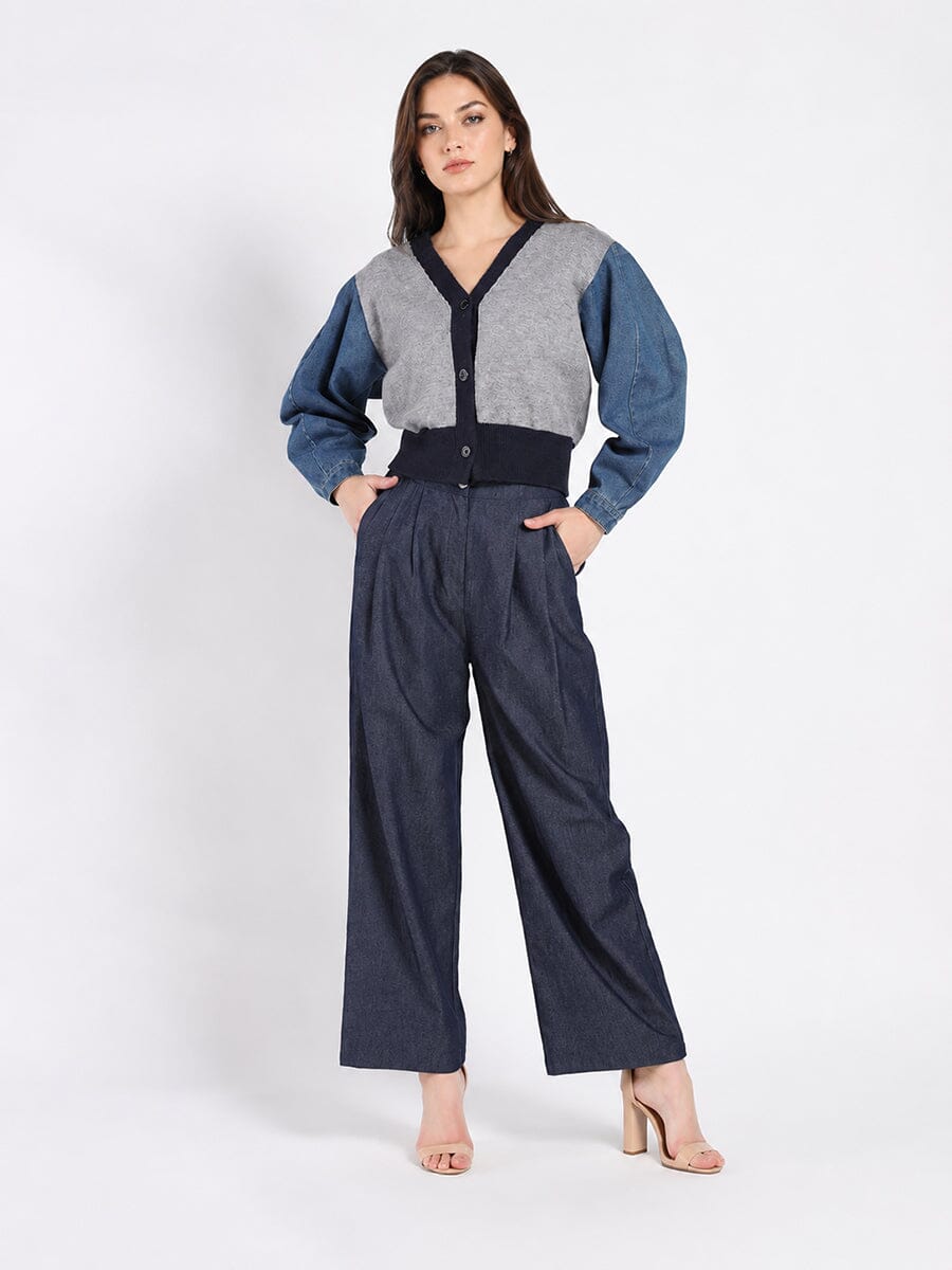 Gracia Fashion Women's Contrast Cropped Denim Sleeve Button Up Cardigan