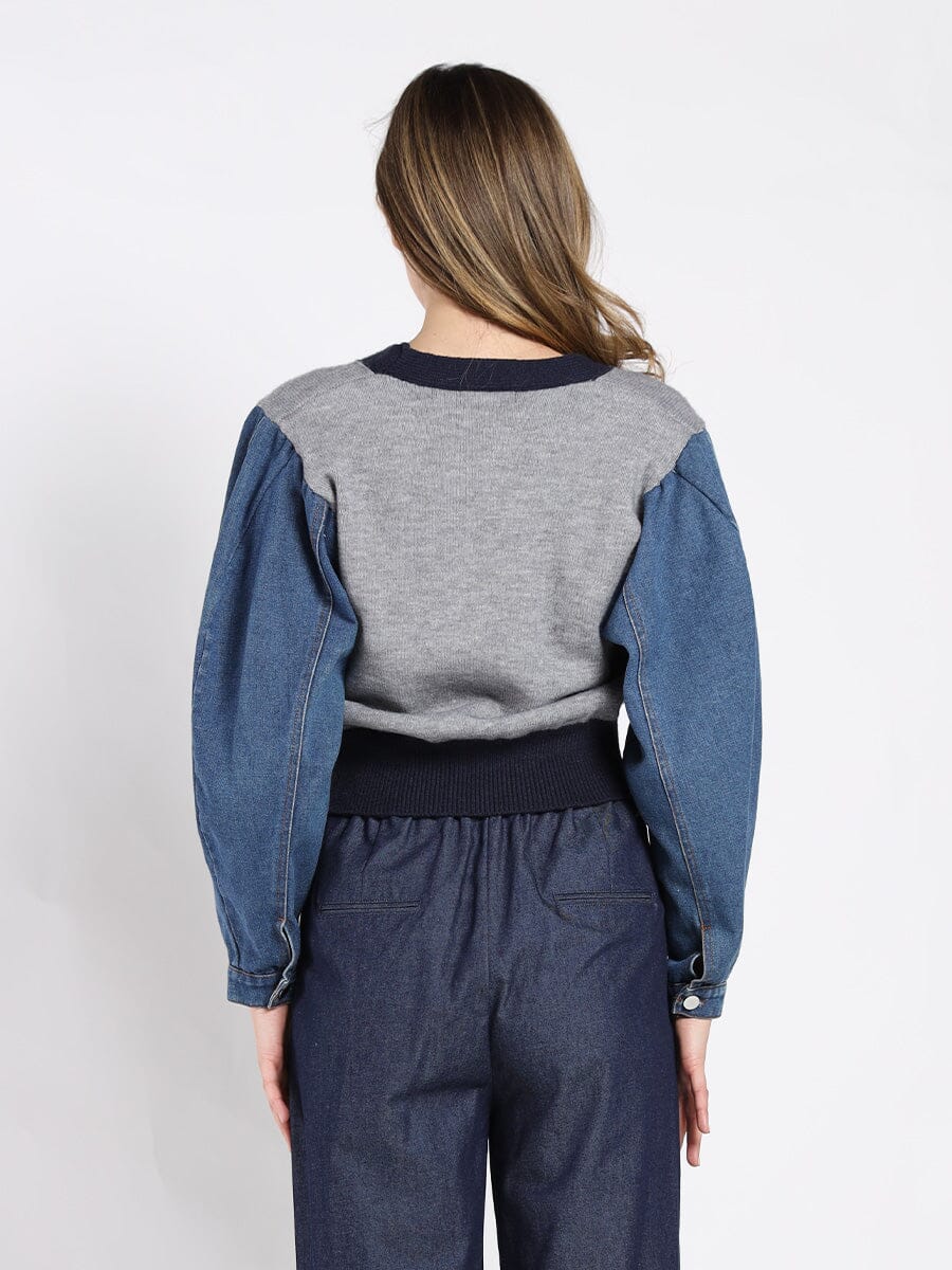 Gracia Fashion Women's Contrast Cropped Denim Sleeve Button Up Cardigan