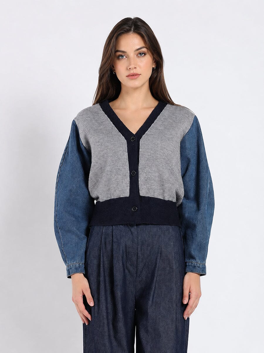 Gracia Fashion Women's Contrast Cropped Denim Sleeve Button Up Cardigan