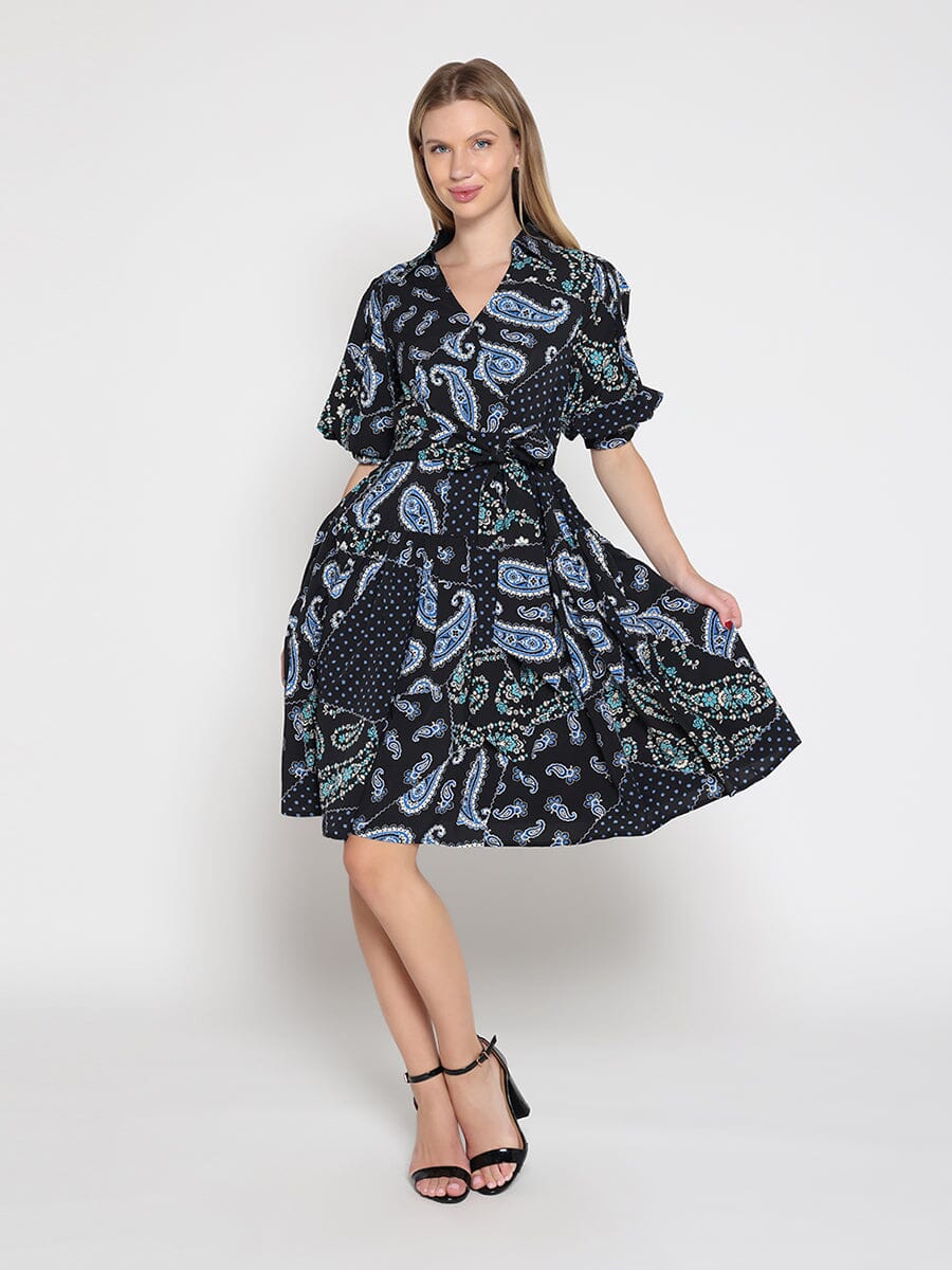 Gracia Fashion Women's Cotton Printed Puffed Sleeve Belt Dress
