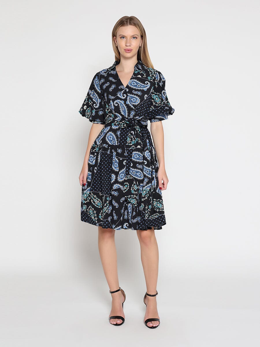 Gracia Fashion Women's Cotton Printed Puffed Sleeve Belt Dress