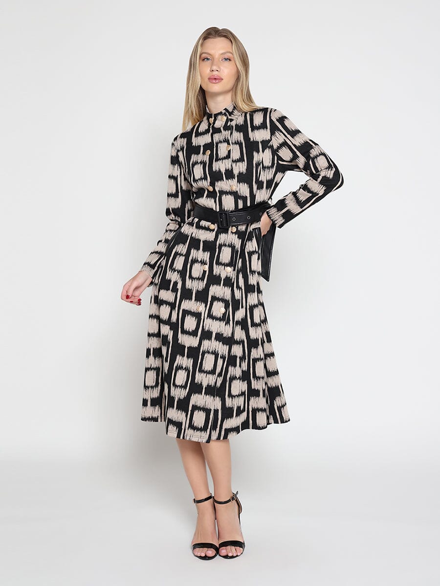 Gracia Fashion Women's Double Breasted Long Sleeve Belted Print Dress