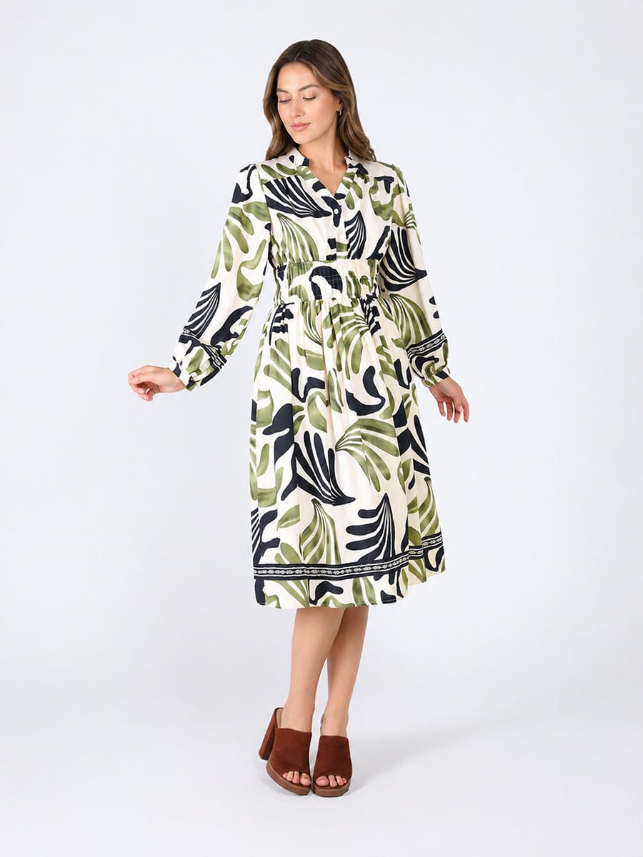 Gracia Fashion Women's Elastic Waist Long Sleeve Printed Dress
