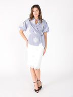 Gracia Fashion Women's Embroidered Stripe Wrap Style Puff Sleeve Top