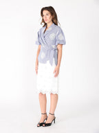 Gracia Fashion Women's Embroidered Stripe Wrap Style Puff Sleeve Top