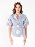 Gracia Fashion Women's Embroidered Stripe Wrap Style Puff Sleeve Top