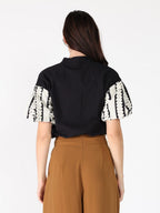 Gracia Fashion Women's Emroidered Band V-Neck Puffed Sleeve Top