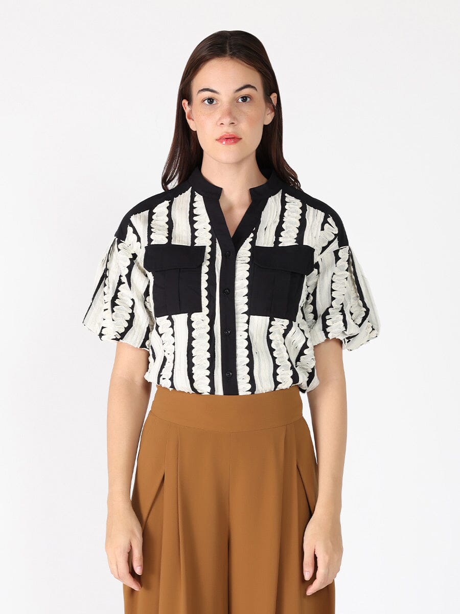 Gracia Fashion Women's Emroidered Band V-Neck Puffed Sleeve Top
