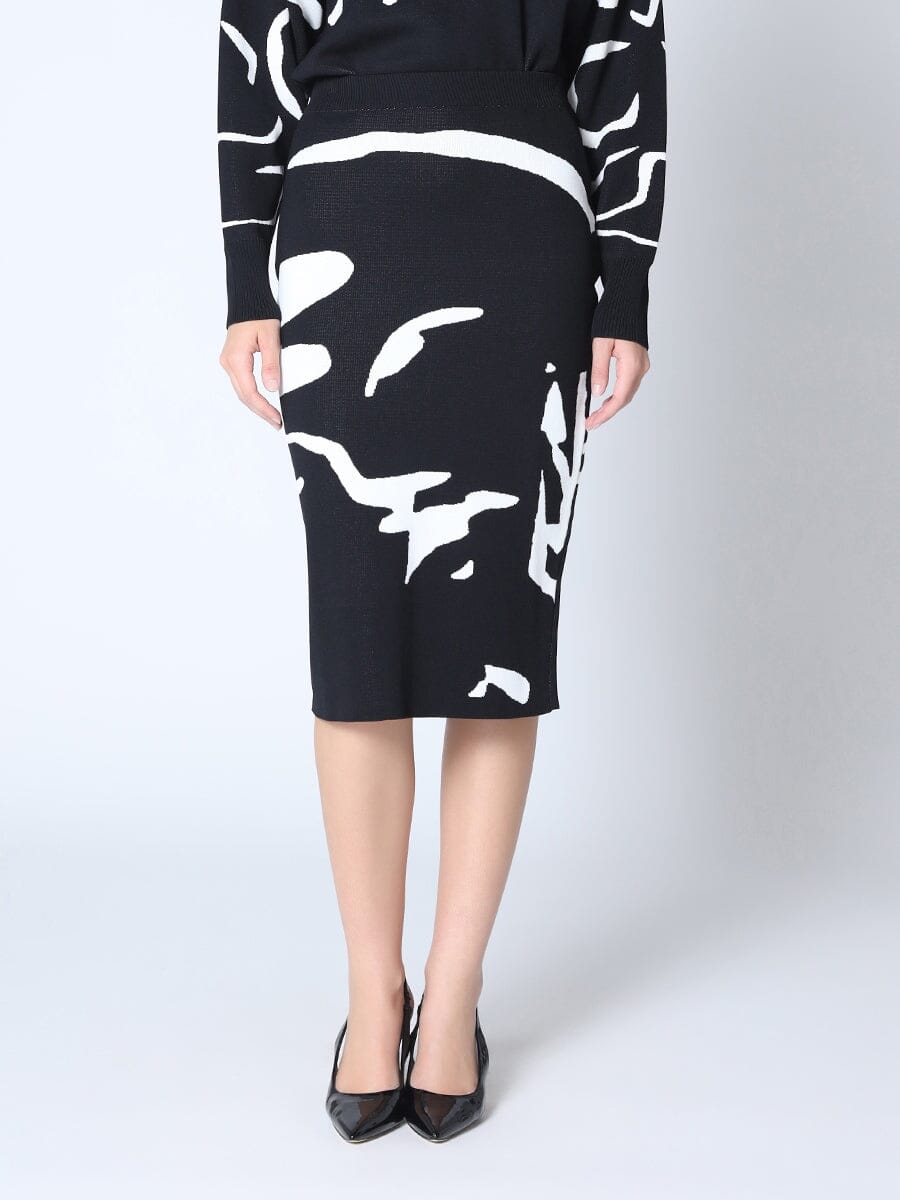 Gracia Fashion Women's Face-Line Printing Bodycon Knit Skirt w/Back Slit