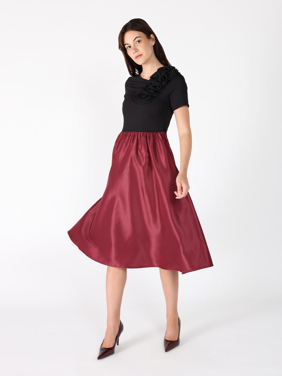 Gracia Fashion Women's Floral Applique Satin & Cotton Fabric Dress