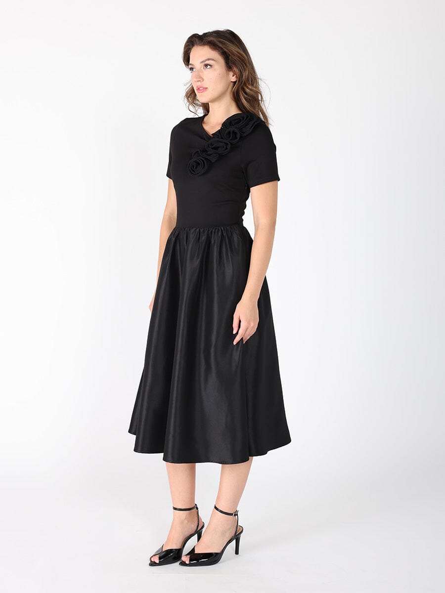 Gracia Fashion Women's Floral Applique Satin & Cotton Fabric Dress