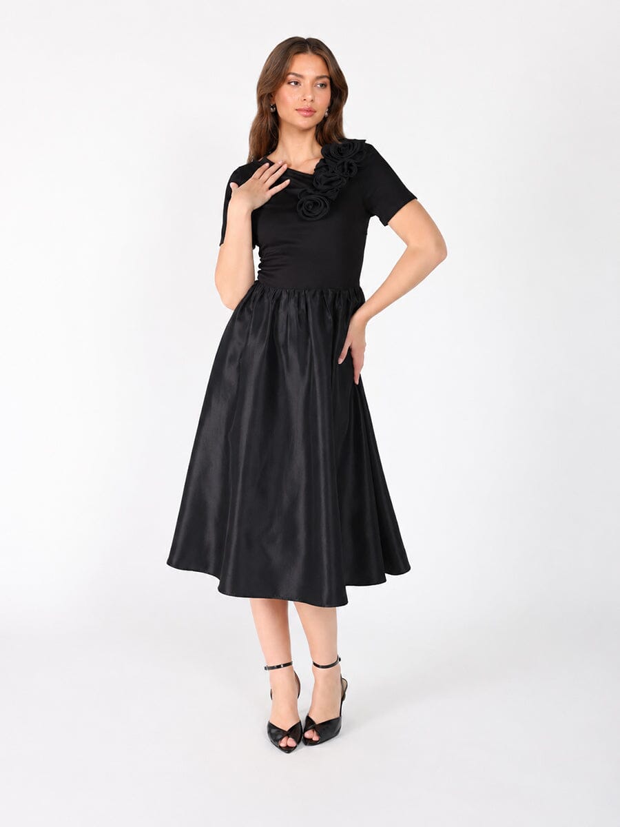 Gracia Fashion Women's Floral Applique Satin & Cotton Fabric Dress