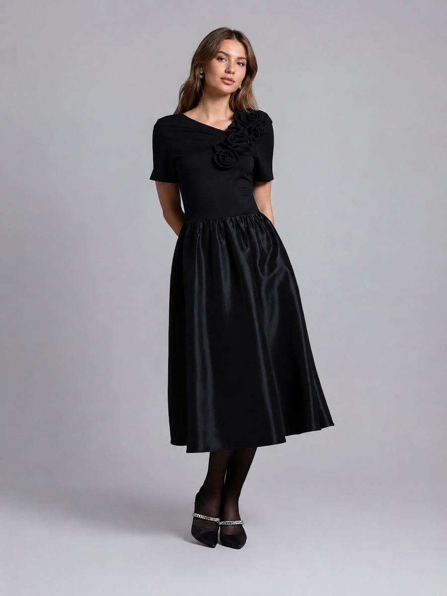 Gracia Fashion Women's Floral Applique Satin & Cotton Fabric Dress
