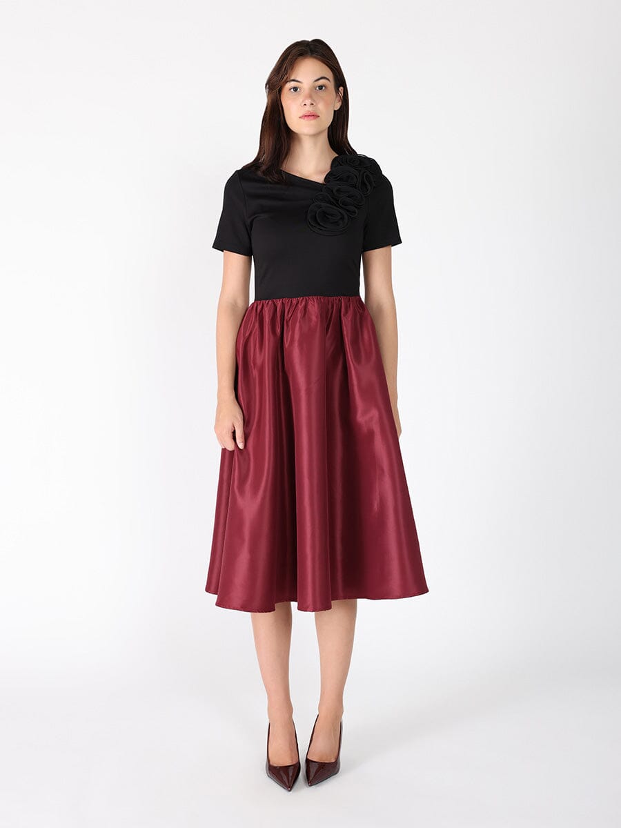 Gracia Fashion Women's Floral Applique Satin & Cotton Fabric Dress
