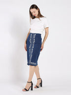 Gracia Fashion Women's Floral Embroidered Front Slit Denim Skirt