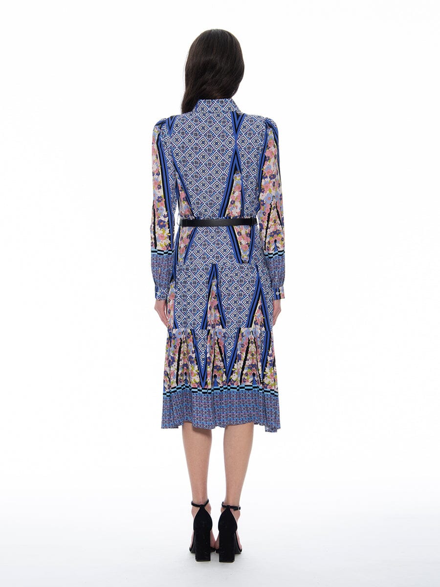 Gracia Fashion Women's Floral Print Long Sleeve A-Line Buckle Belt Dress