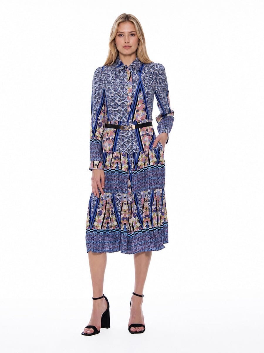 Gracia Fashion Women's Floral Print Long Sleeve A-Line Buckle Belt Dress
