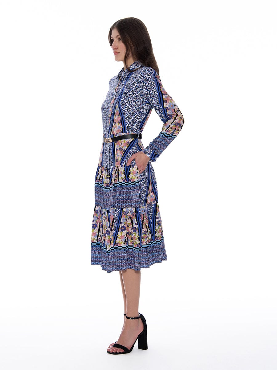 Gracia Fashion Women's Floral Print Long Sleeve A-Line Buckle Belt Dress