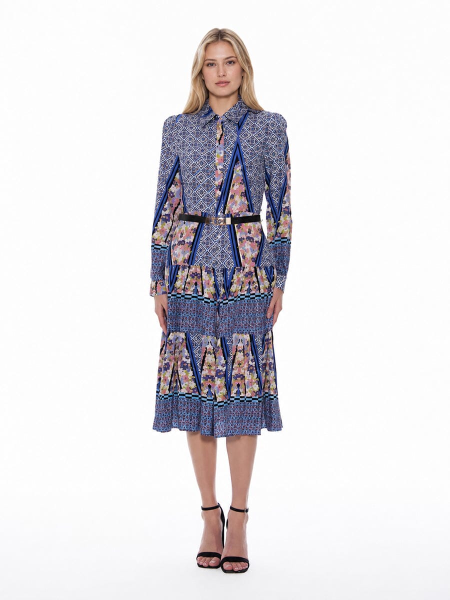Gracia Fashion Women's Floral Print Long Sleeve A-Line Buckle Belt Dress