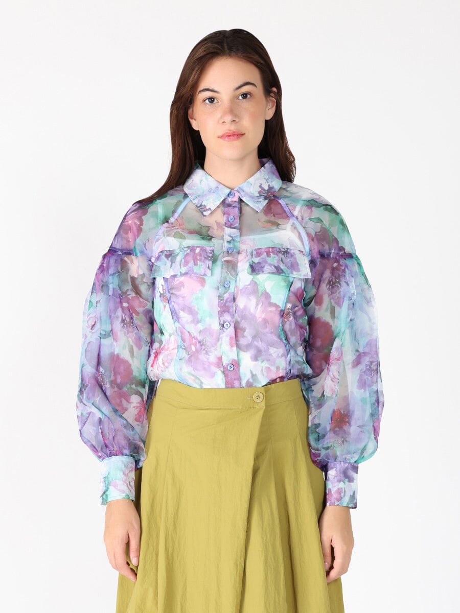 Gracia Fashion Women's Floral print mesh puffed sleeve shirt top