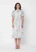 Gracia Fashion Women's Floral Print Puff Sleeve Elastic Waist A-Line Dress