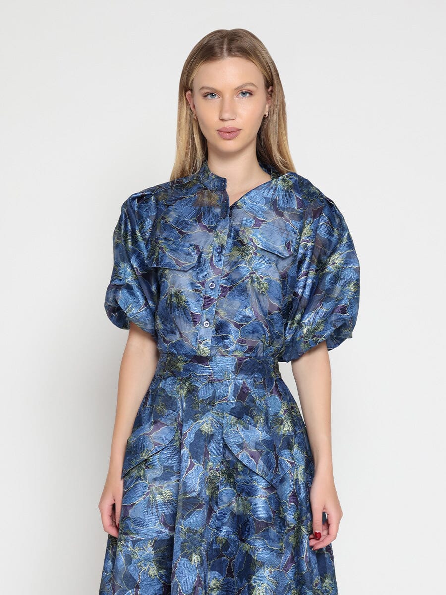 Gracia Fashion Women's Floral Print Puff Sleeve Organza Top