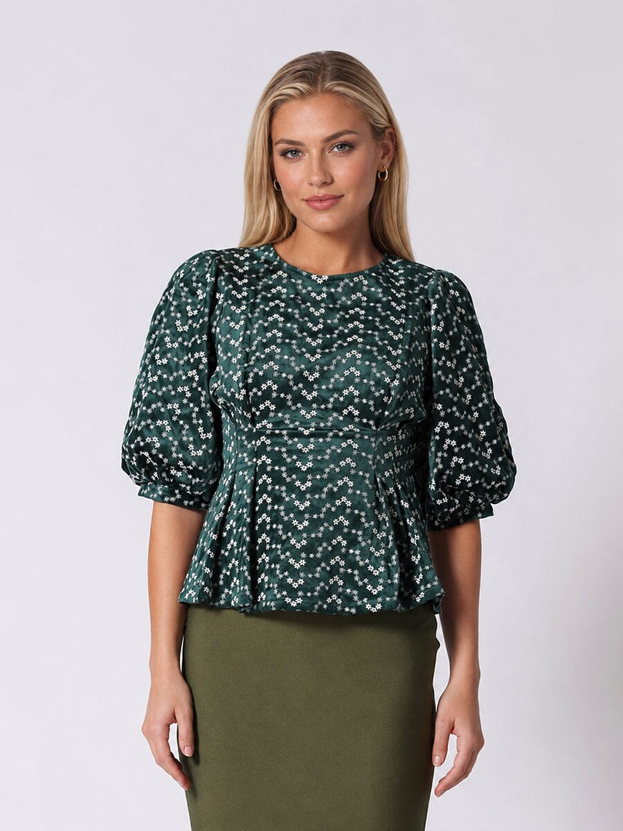Gracia Fashion Women's Flower Embroidered Puff Sleeve Peplum Style Blouse